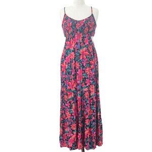 Roxy Hot Tropics Floral Smocked Cut-Out Tiered Maxi Dress Tropical Boho XL